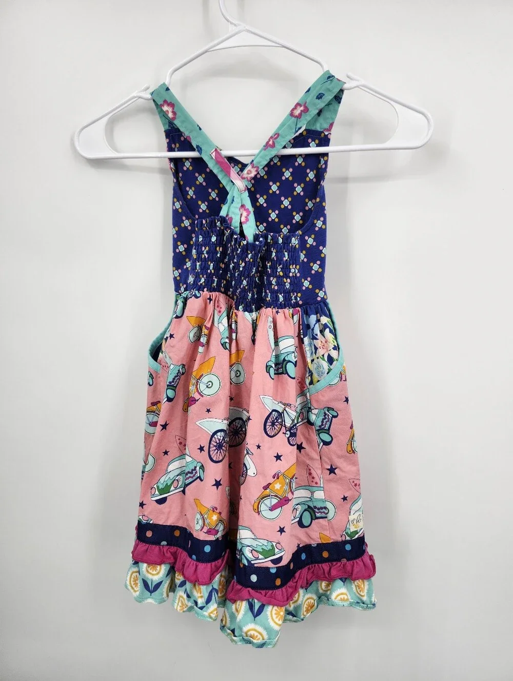 Wildflowers Girls Sundress Size 6 Pink Blue Bicycle Scooter Print Ruffle Dress